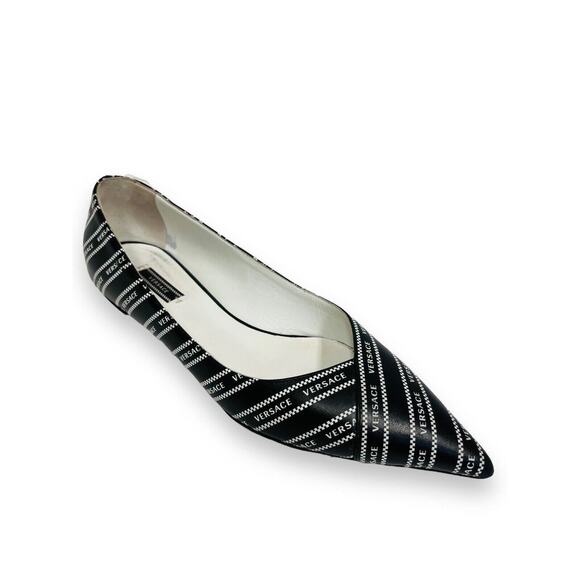 VERSACE Black Leather Logo Printed Pointed Toe Ballet Flats Size 39 US 9